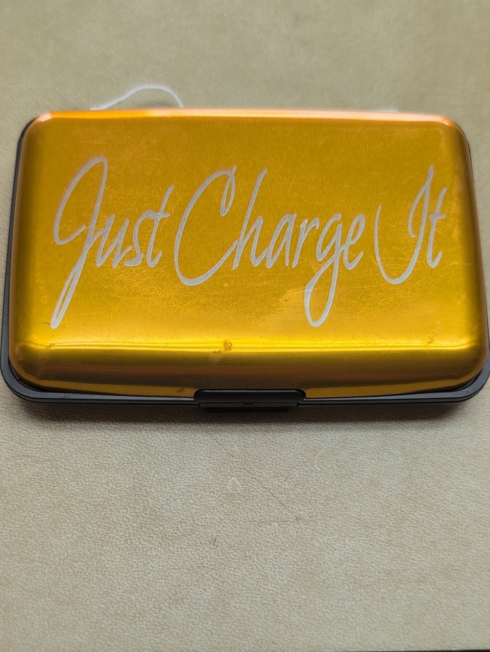 Portable Credit Card Holder- Gold "Just Charge It"